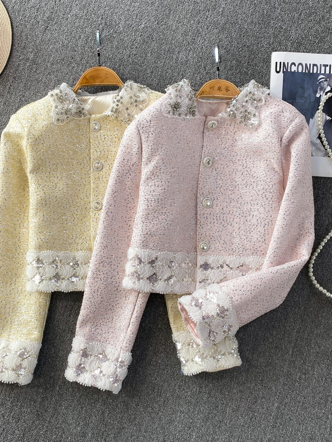 Ele Diamond Embedded Doll Collar Jaet Women's Luxury iny Sequin Personali Top French Sle Slim Fit Long Sve Coat