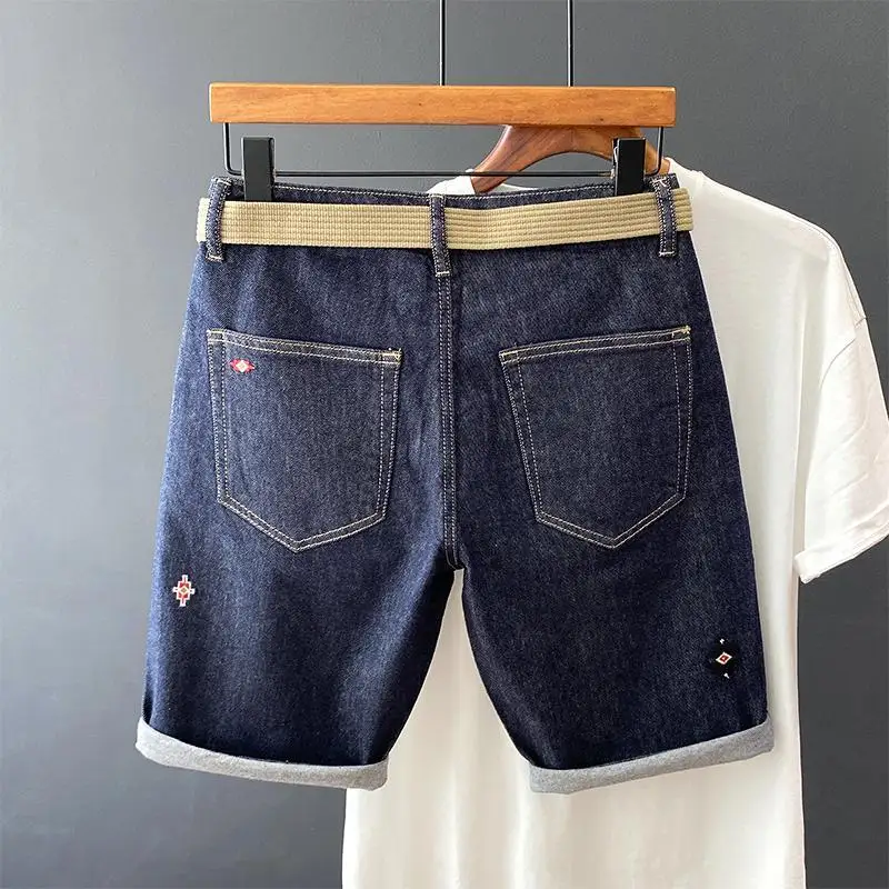 Summer New Embroidered Denim Shorts Men's Slim Stretch Trendy Casual Fashion All-Match Fifth Pants Belt