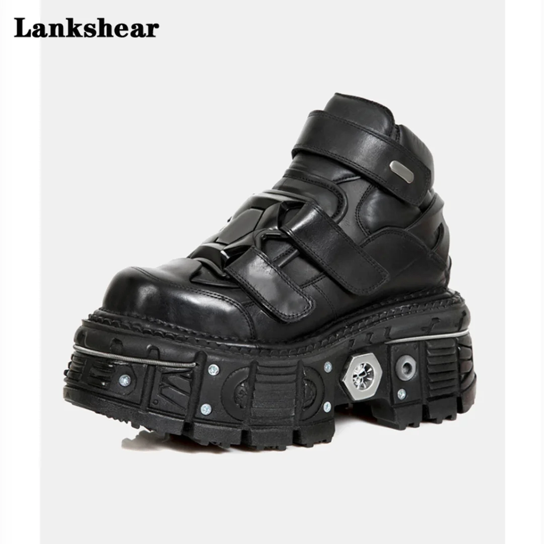 

Rcok Punk Style Platform Boots Metal Thick-Soled Lace Up Round Toe Women Booties Leather Matte Mid Calf Boots Women's Shoes