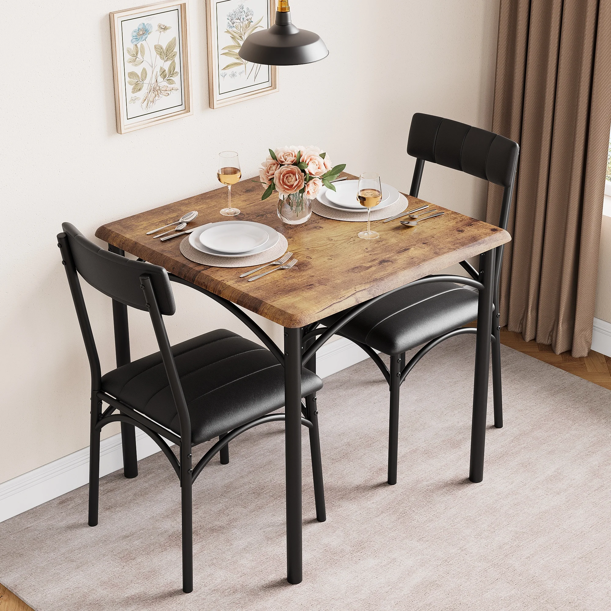 3-Piece Dining Table Set for 2, Square Kitchen Table & 2 Upholstered Chairs, Metal Frame, MDF/Wood Top, Space-Saving for Small Dining Rooms/Apartments