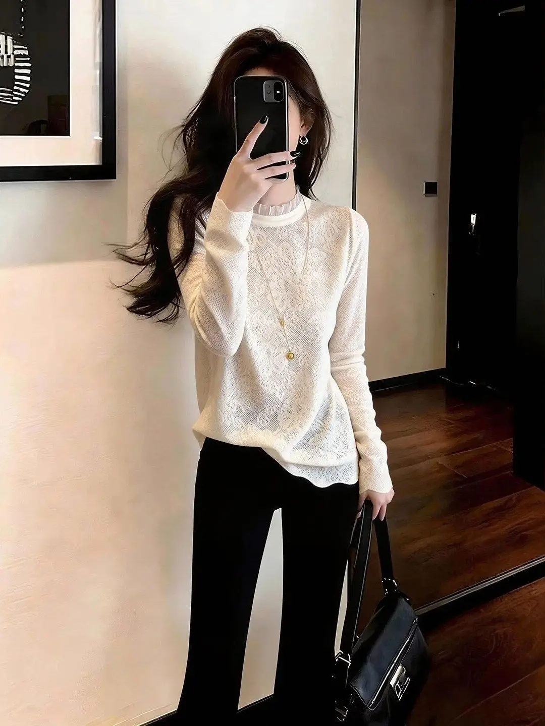 

Новинка зимы: белый кружевной лонгслив для женщин, свободный крой, модный, универсальный, для повседневной носки, элегантный топ.