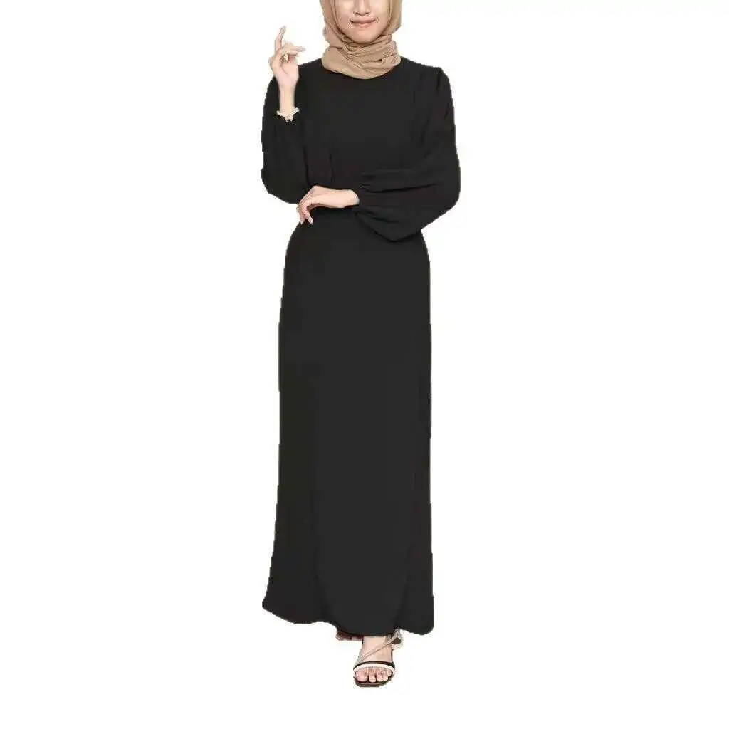เสื้อผ้ามุสลิม Robe ใหม่ฤดูใบไม้ผลิ/ฤดูร้อนสีทึบแขนฟองเข็มขัดชุด Robe Abaya Ramadan ดูไบหรูหราอิสลาม Elegant