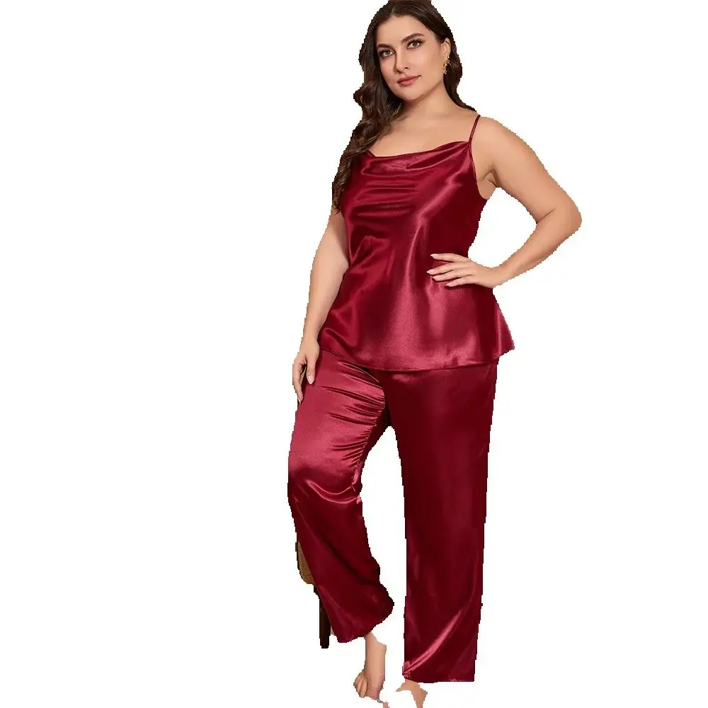 

Big Size Burgundy Women's Sleepwear 2Pcs Pajamas Set Summer Ice Silk Night Wear Lingerie Sleeveless Trouser Suit Homewear Pyjama