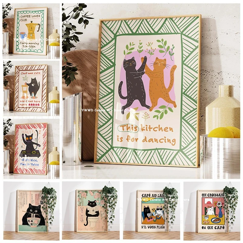 Póster Impreso en Lienzo con Citas sobre la Cocina, Gato Japonés Negro Comiendo Fideos, Arte de Pared con Espresso para Decoración del Hogar