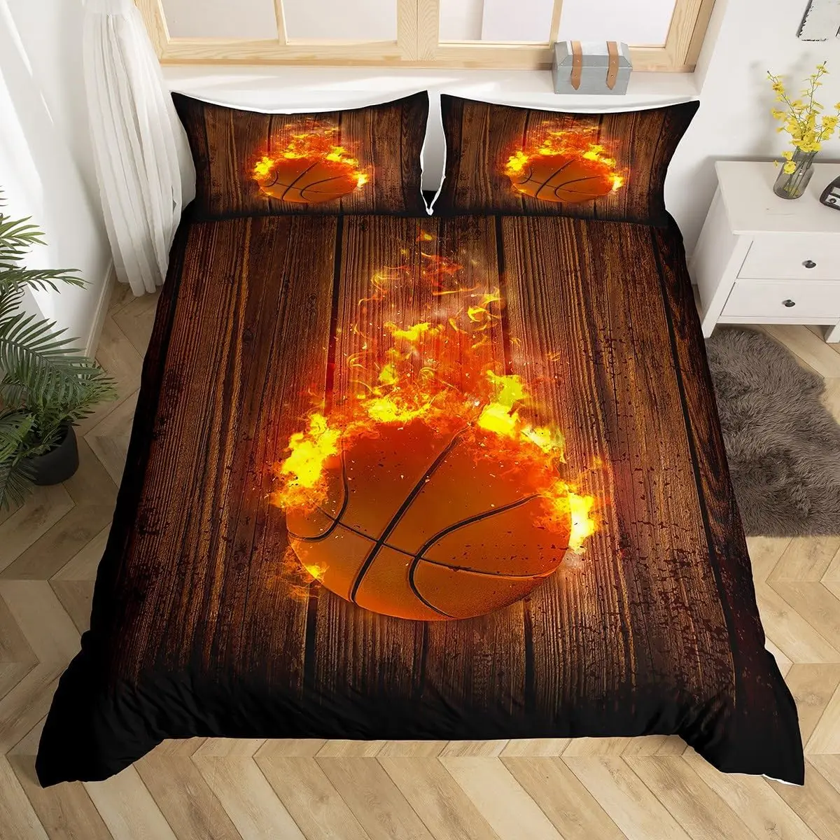 Basketball Duvet Cover Twin Queen for Boys Teens Bedroom Sports Games Bedding Set Rustic Farmhouse Wooden Board Comforter Cover