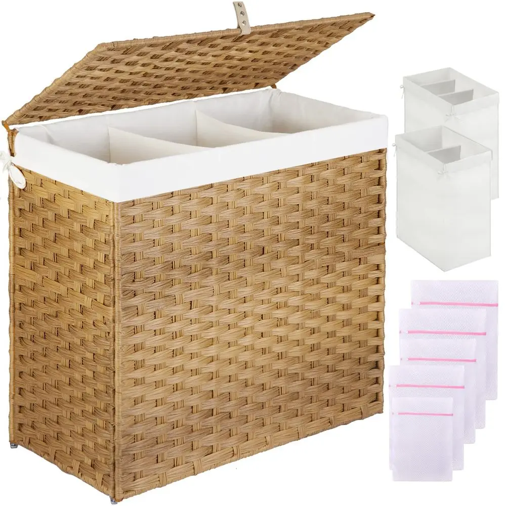 

Laundry Hamper with Lid, 125L Large Clothes Hamper with 3 Section amp 2 Section Removable Liner Bags amp 5 Mesh Laundry Bags, H