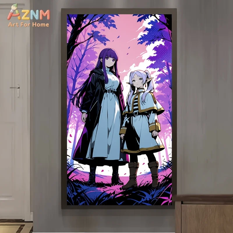 AZNM Frieren Beyond Journey's End Frieren and Fern Purple Forest Anime Canvas Wall Art Unframed Painting for Home Decor
