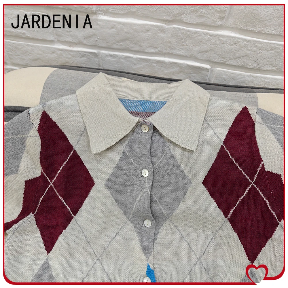 Autumn Women's Diamond Pattern Cardigan Stylish Multicolored Long Sleeves and Polo Neck Cardigan Single Breasted Argyle Knitwear