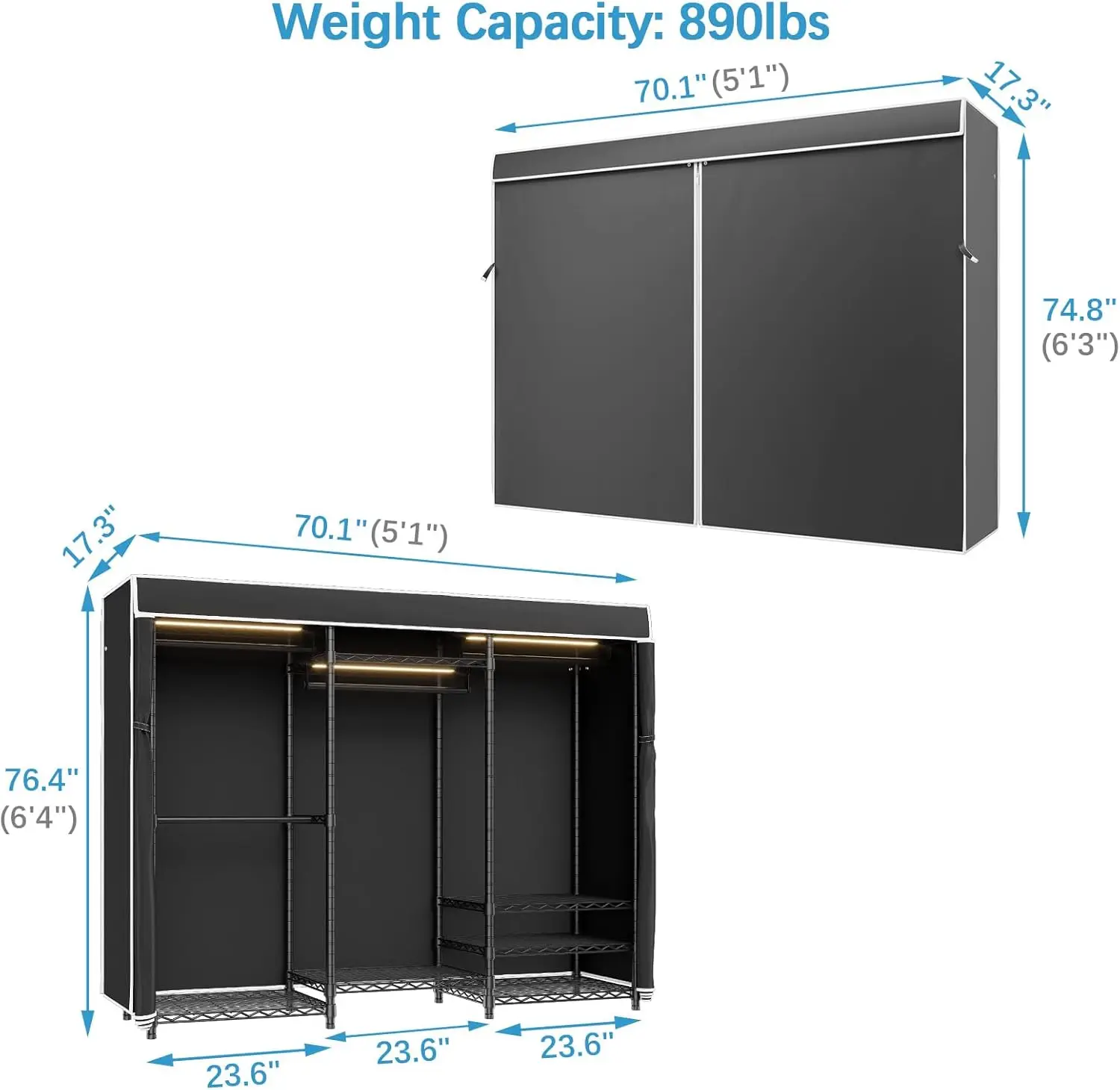 V5L Garment Rack Heavy Duty Covered Clothes Rack with LED Lights, 3000K Warm White, Portable Closet Wardrobe Free