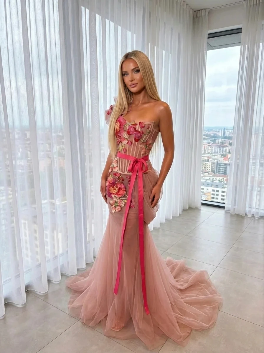 Pink Long Prom Dresses Sheer Floral Appliques Saudi Arabia Dubai Robe De Soiree Middle Eastern Evening Dress Gown Customized