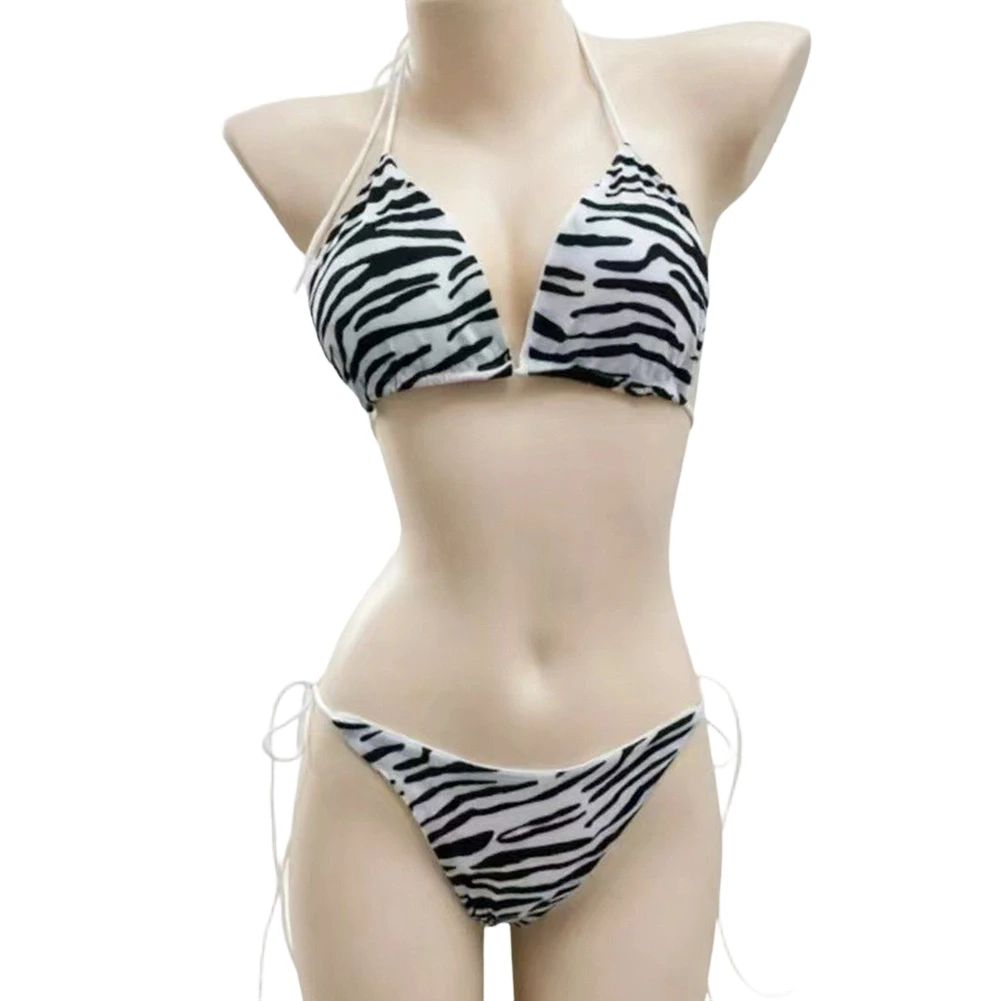 1set Summer Girls Print Bra Bikini Set Women Lace Up Bathing Suit Beach Swimsuit Suit Sexy Adjustable Tie Three-point Bikini
