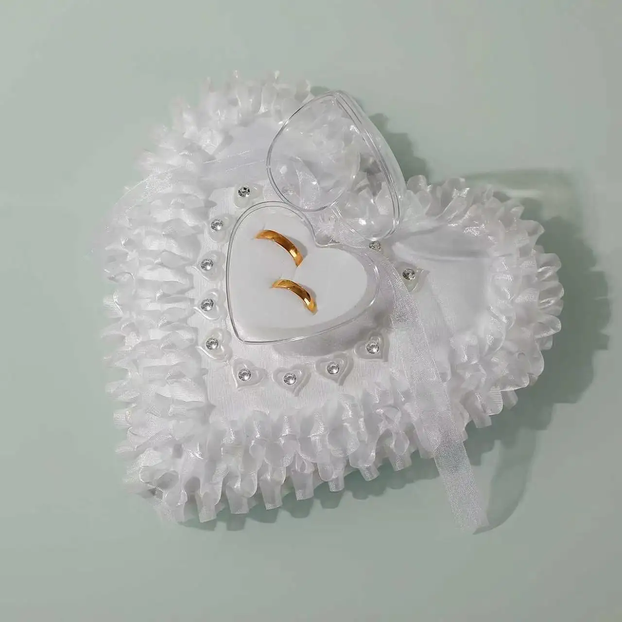 Wedding Ring Bearer Pillow White Heart‑Shaped Lace Rhinestone Ring Cushion Wedding Ceremony Proposal Ring Holder Decor