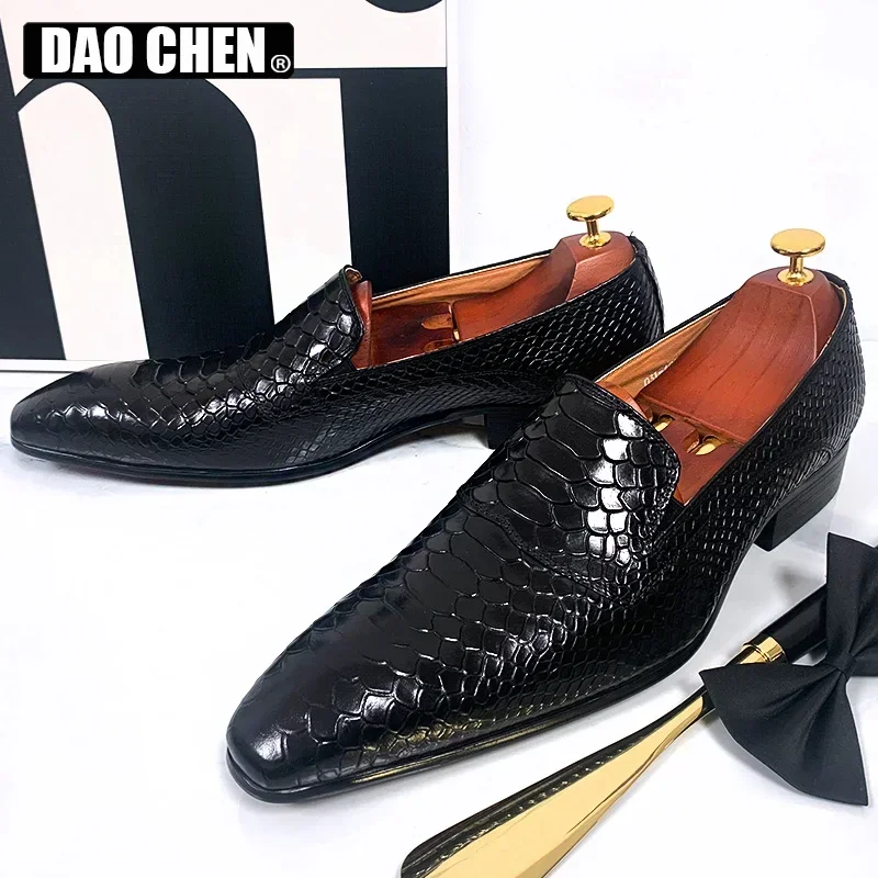 LUXURY MEN\'S LOAFERS SHOES SNAKE PRINTS CASUAL MEN DRESS SHOES BLACK SLIP ON LOAFERS OFFICE WEDDING LEATHER SHOES MEN