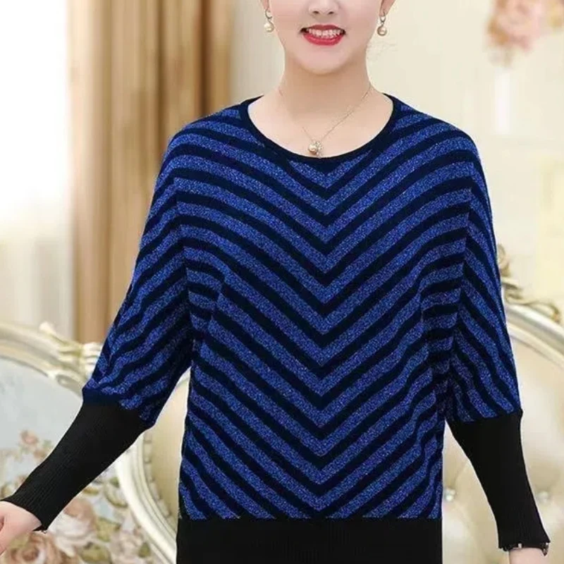 Spring Autumn Women Sweaters Pullovers O-Neck Striped Bright Silk Fashion Casual Loose Long Sleeve Bottoming Shirt Knitted Tops