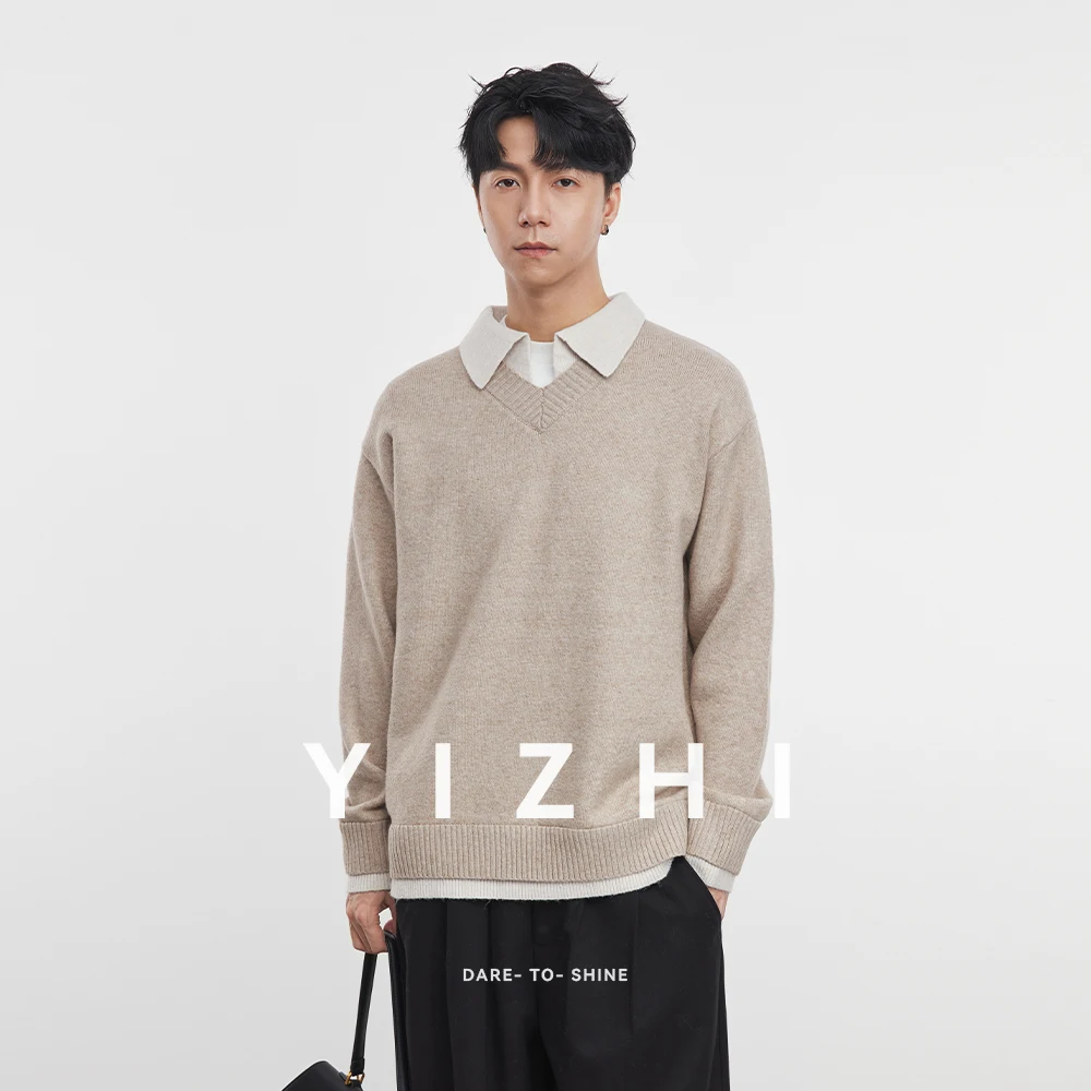 2025 Autumn and Winter New Men's High-grade Shirt Collar Splicing Fake Two-piece Knitted Sweater Loose Men Long-sleeved Sweater
