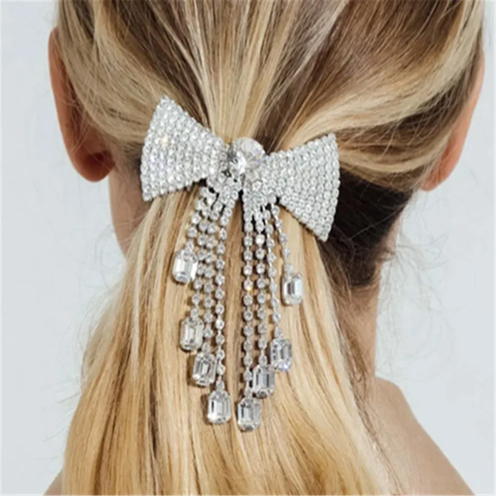 Luxury Rhinestone Butterfly Tassel Square Pendant Hair Clips Hair Comb Hair Jewelry for Women Crystal Bow Hairpin Hair Ornaments