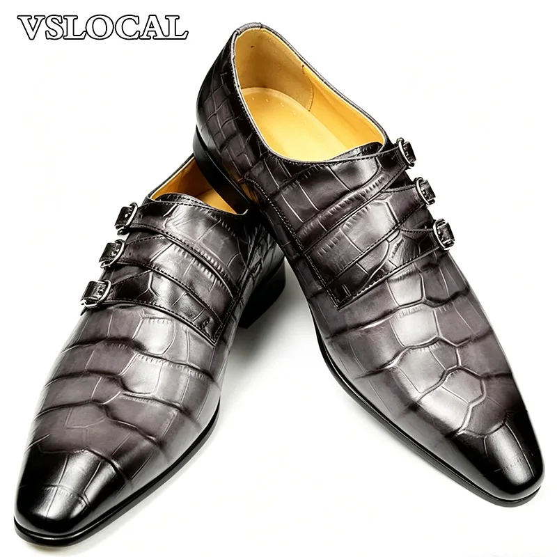 Luxury Men Leather Shoes Slip-On Black Croco Print Three Buckle Strap Loafers Mens Dress Shoes Wedding Office Shoes Men