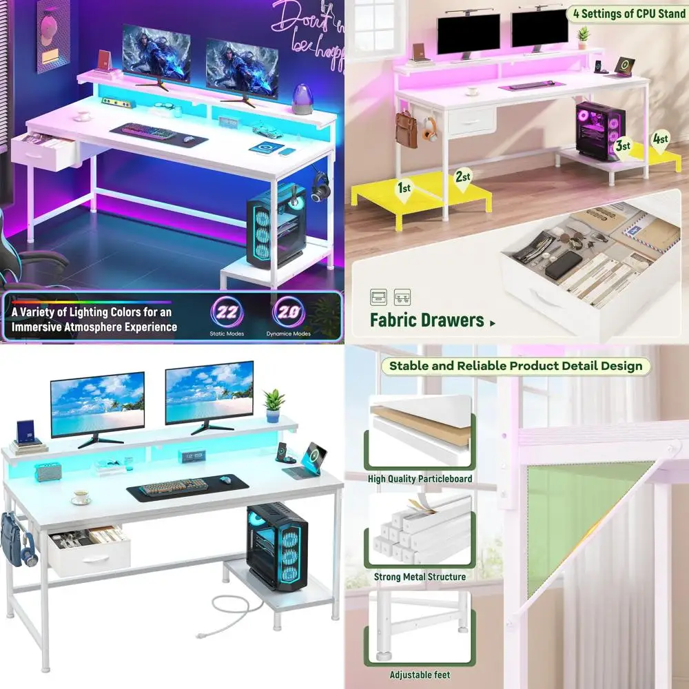 

Эргономичная подставка для монитора, игровой стол 47,2 дюйма с выдвижным ящиком, розеткой, LED-подсветкой, идеально подходит для небольших помещений, белый цвет