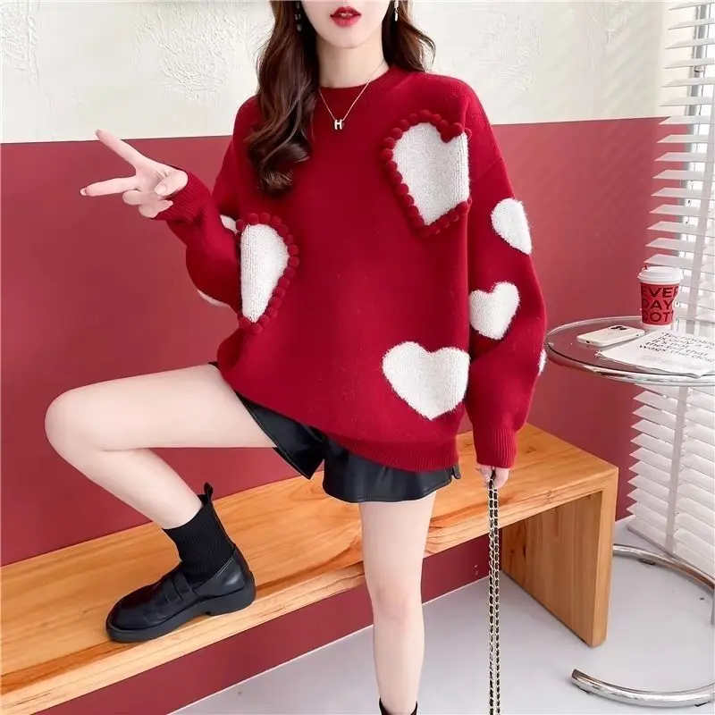 Diamond Shaped Pearl Decoration Red Women's Sweater Autumn Winter Western Style Casual Thickened Temperament Knit Top for Women