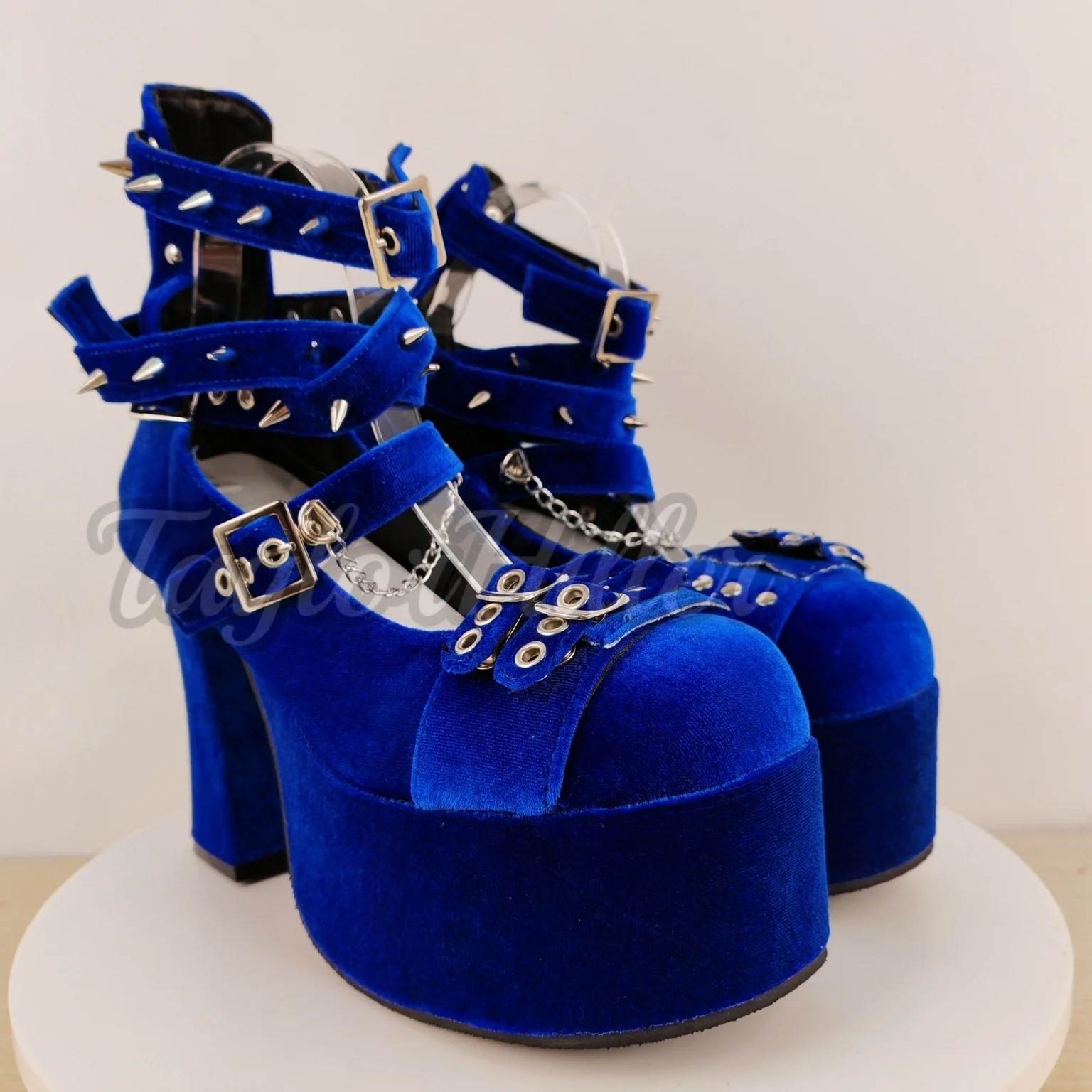 Royal Blue Suede Rivets Pumps Platform Hot Girl Buckle Strap Block Heel High Heels Women Luxury Designer Shoes 2026 Spring Shoes view 3