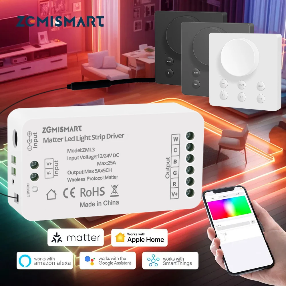 Matter Over WiFi LED Strip Light Driver RGBCW com interruptor sem fio Adaptador ACDC Homekit Smartthings Alexa Google Home Controle HA