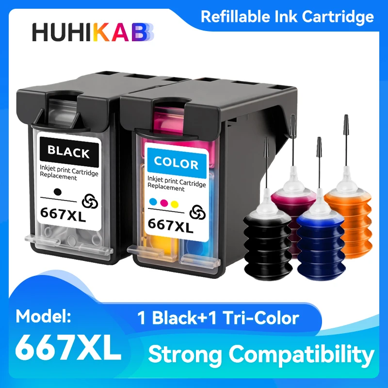 HUHIKAB 667XL Refillable Ink Kit For HP 667 For HP667 Ink Cartridge Deskjet Ink Advantage 1275 2374 2375 2376 2775 2776 Printer