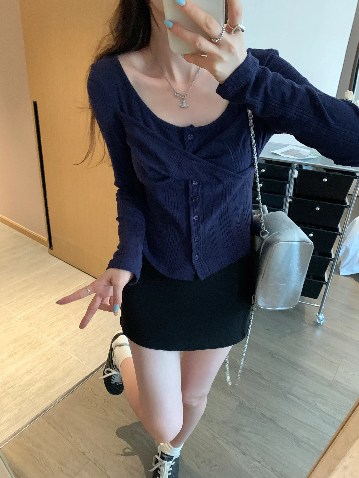 Early Autumn Atmosphere Knot Splicing Long Sleeve Open Cardigan T-Shirt Women's New Design Top Dark Blue Commute Style Slim Fit