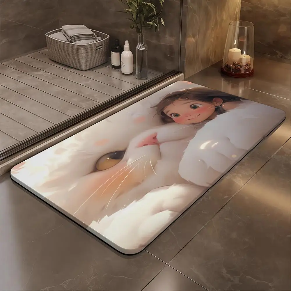 

The Cat And The Girl Floor Mat Bathroom Soft Diatomaceous Mud Floor Mat, Bathroom Absorbent Foot Mat, Toilet Sink, Bedroom Mat,