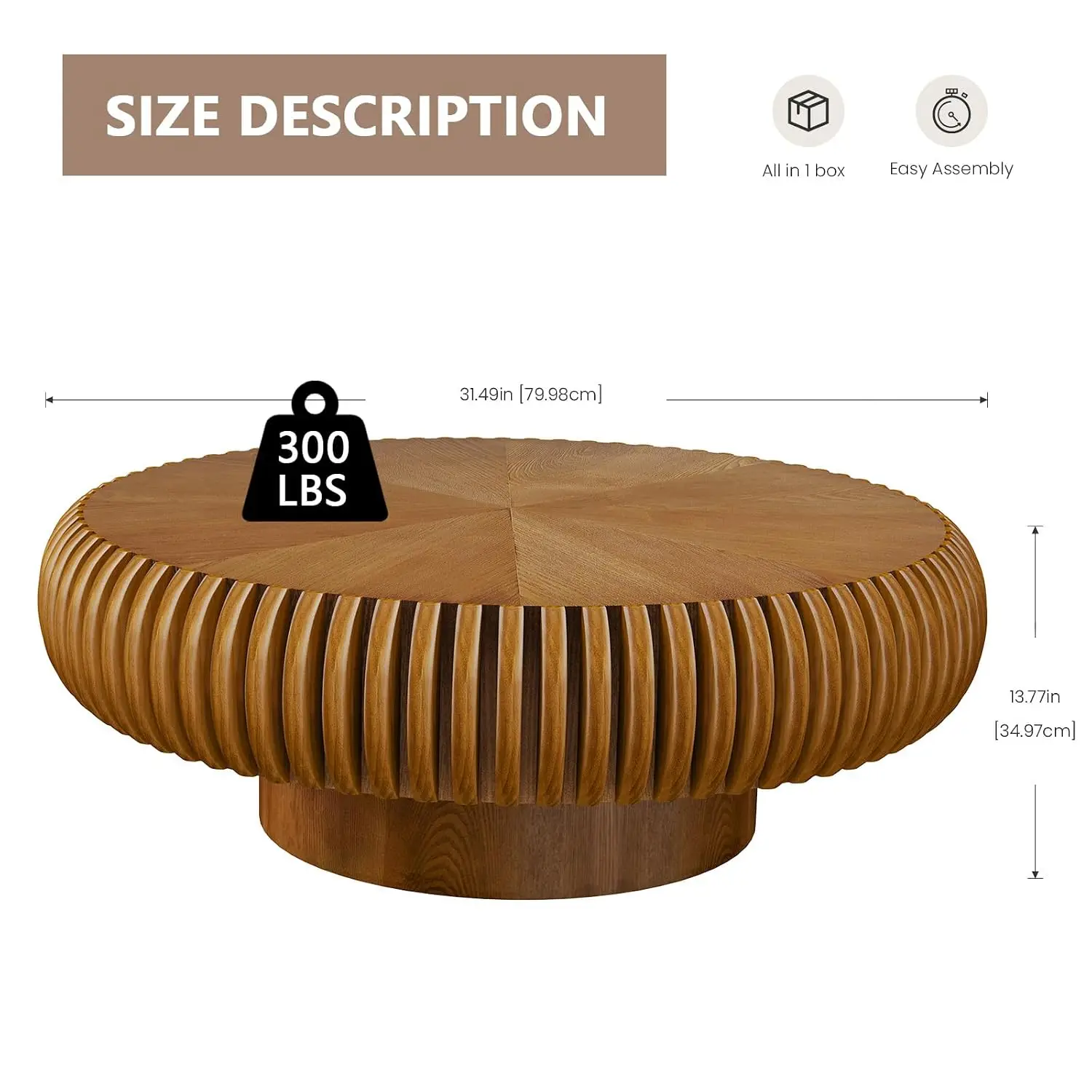 Round Drum Wood Fluted Coffee Table Living Room Side End Table, Customized