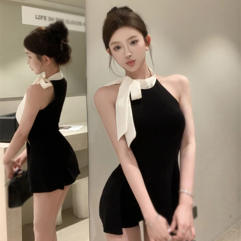 Women Summer Sleeveless Tank Neck Bowknot Tanks Lady Elegant Long Split Vest High Waist Slim Camis