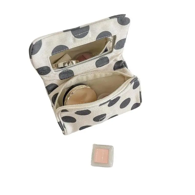 Große Kosmetiktasche mit Polka-Dots und eingebautem Spiegel, tragbare, faltbare Reißverschluss-Make-up-Tasche, Reise-Schönheits-Aufbewahrungs-Organizer für Frauen – Detail 7