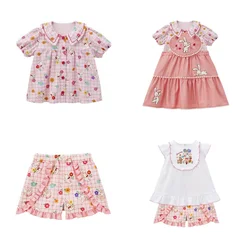 Summer New Girls Sets Little Rabbit Flower Short Sleeved Shirt Baby Girl Clothes Kids Pant Set Cute Tops Lace Shorts