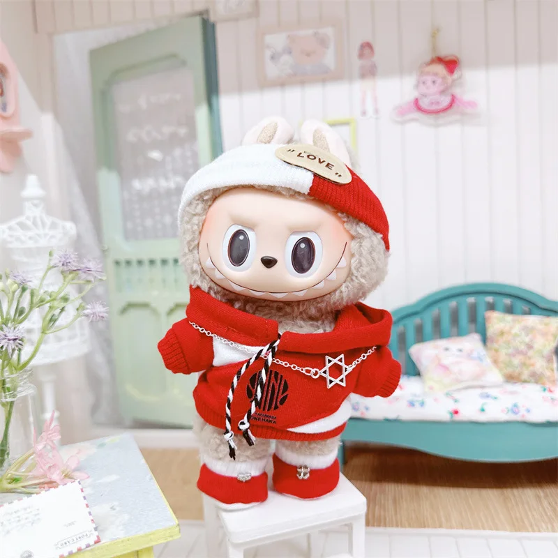 Pakaian Labubu 17cm pakaian boneka mewah Mini lucu Aksesori gaun overall jepit rambut untuk boneka Labubu hadiah anak-anak