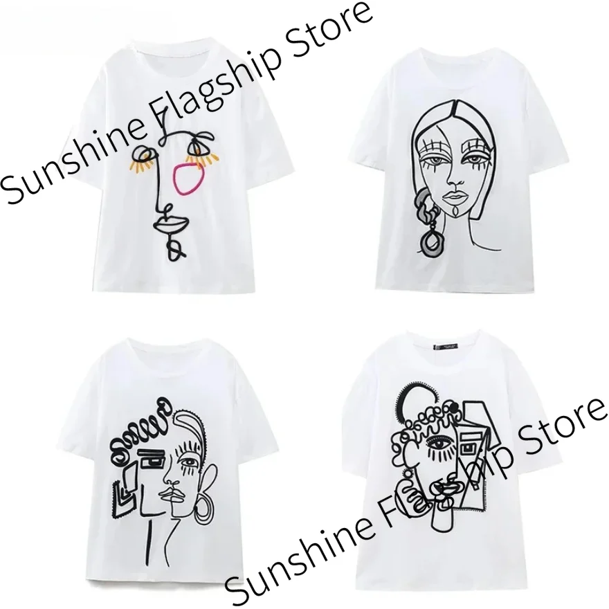 100% Cotton T-shirt for Women Y2k Embroidery O Neck Harajuku Vintage Short Sleeve Tee T Shirt for Women Stitch Tops Blouse Shirt