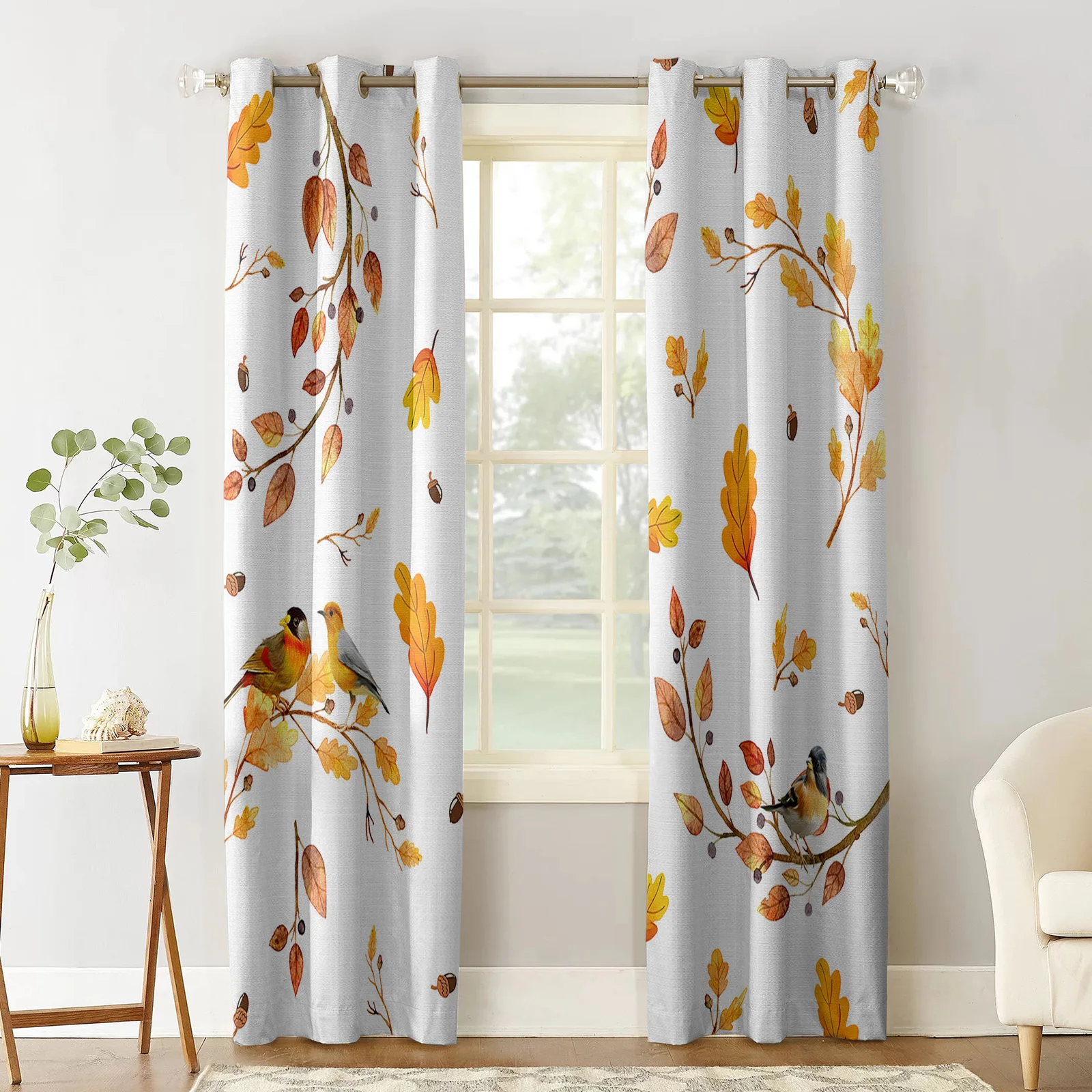 Autumn Leaf Sparrow Tit Curtains Large Window Window Curtains Curtain Lights Bathroom Bedroom Kitchen Decor