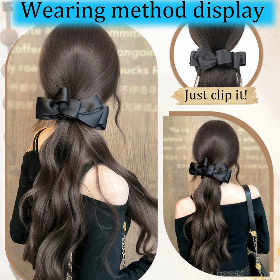 Elegant Synthetic Silk Bowknot Banana Claw Clip Ponytail Wig With Grab Clip Long Wavy Layered Ponytail for Women Daily Party Use