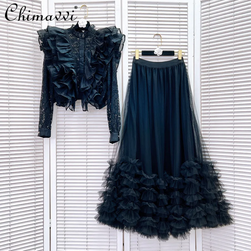 French Elegant Hollow Ruffles Embroidery Splicing Lace Short Top High Waist A-line Mesh Long Skirt Two-piece Set Women Summer