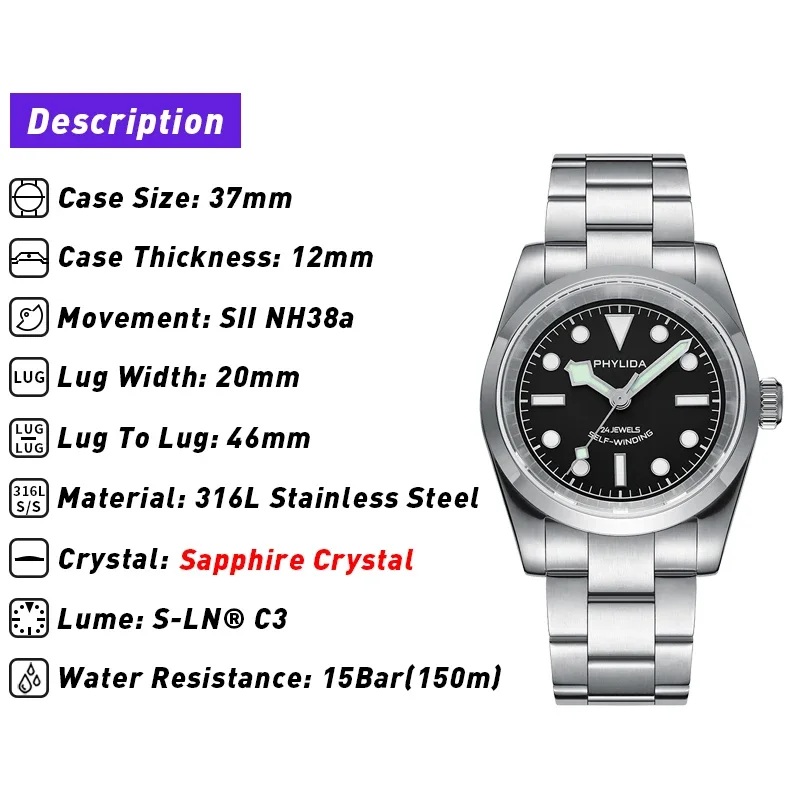 PHYLIDA 37mm Black Dial NH38 Wristwatch 150M WR Watches for Men Automatic Watch BB36 Small Wrist NH35 C3 Lume