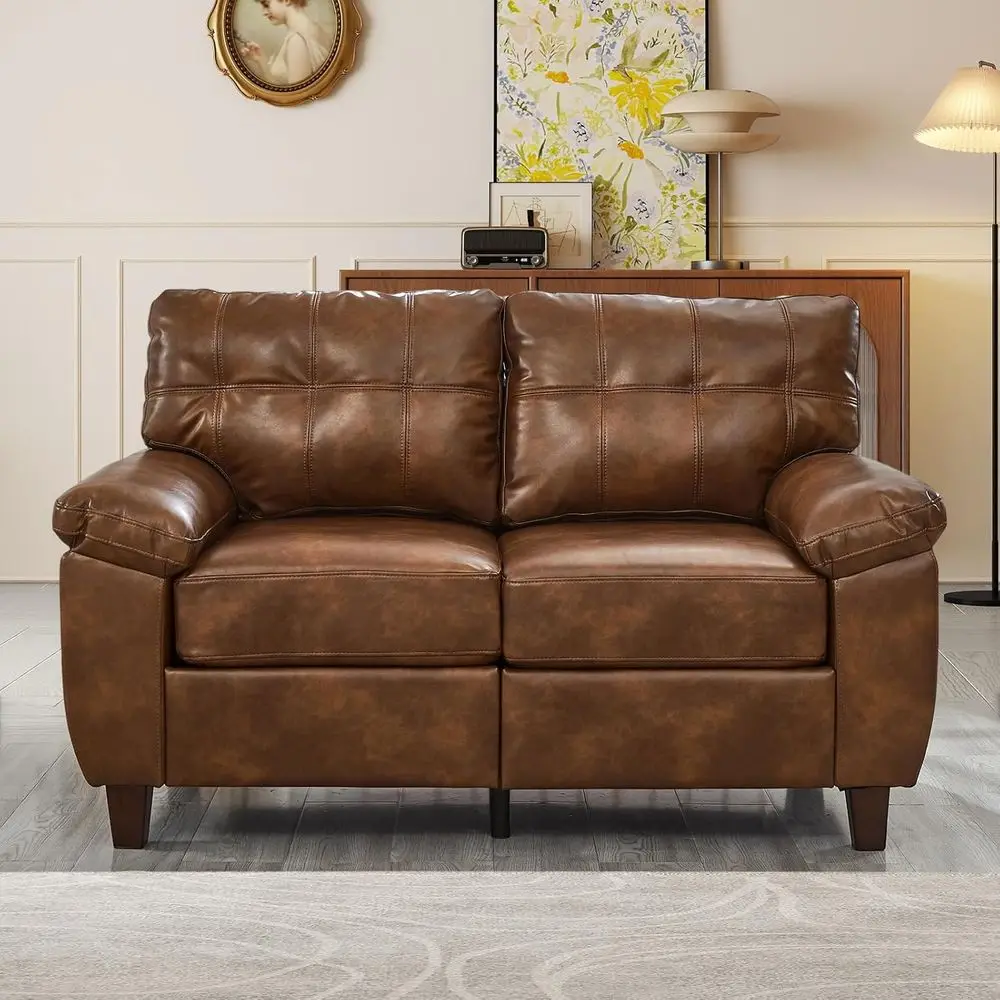 

Винтажный диван-софа на 59 дюймов с местом для хранения, коричневая обивка из искусственной кожи в стиле ретро, глубокое сиденье для максимального комфорта в гостиной