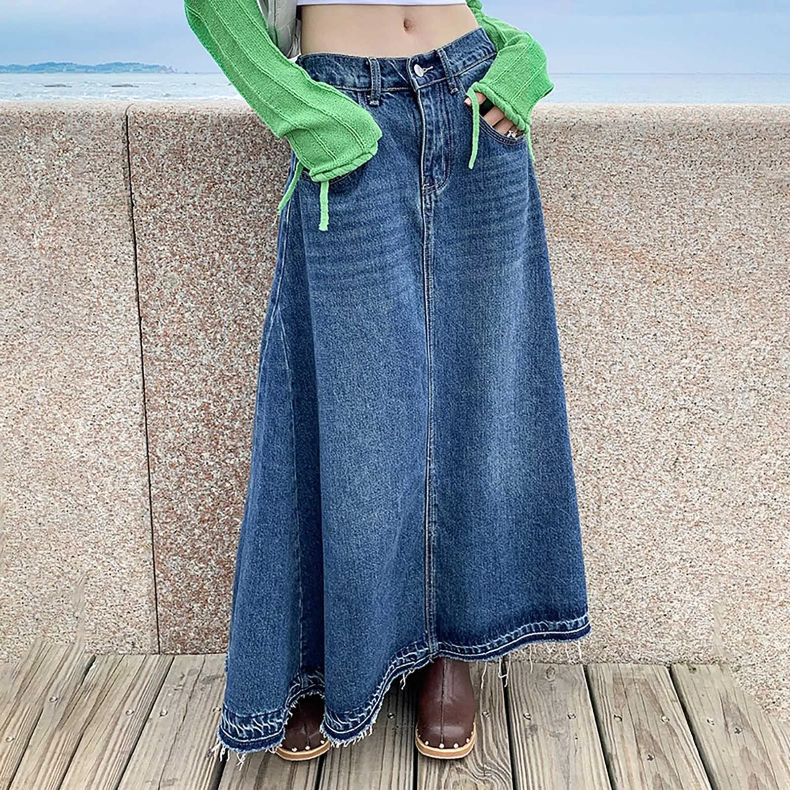 Denim Skirts Women Vintage Simple Fashion Casual Maxi Long Faldas Mujer Streetwear Korean Style College Girls Popular All-match