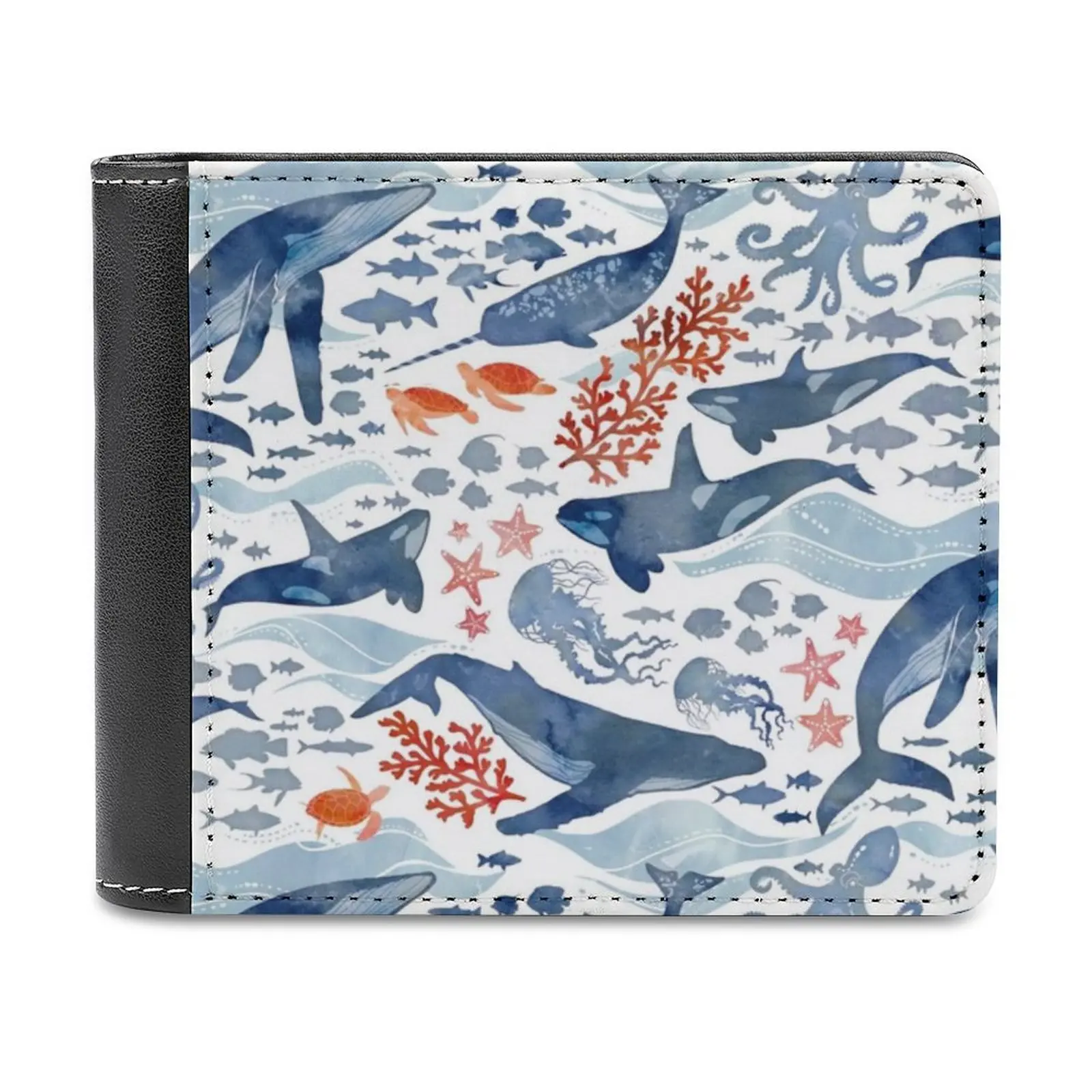 Ocean Life Leather Wallet Men's Wallet Diy Personalized Purse Father's Day Gift Whales Orca Turtles Octopus Starfish Fish