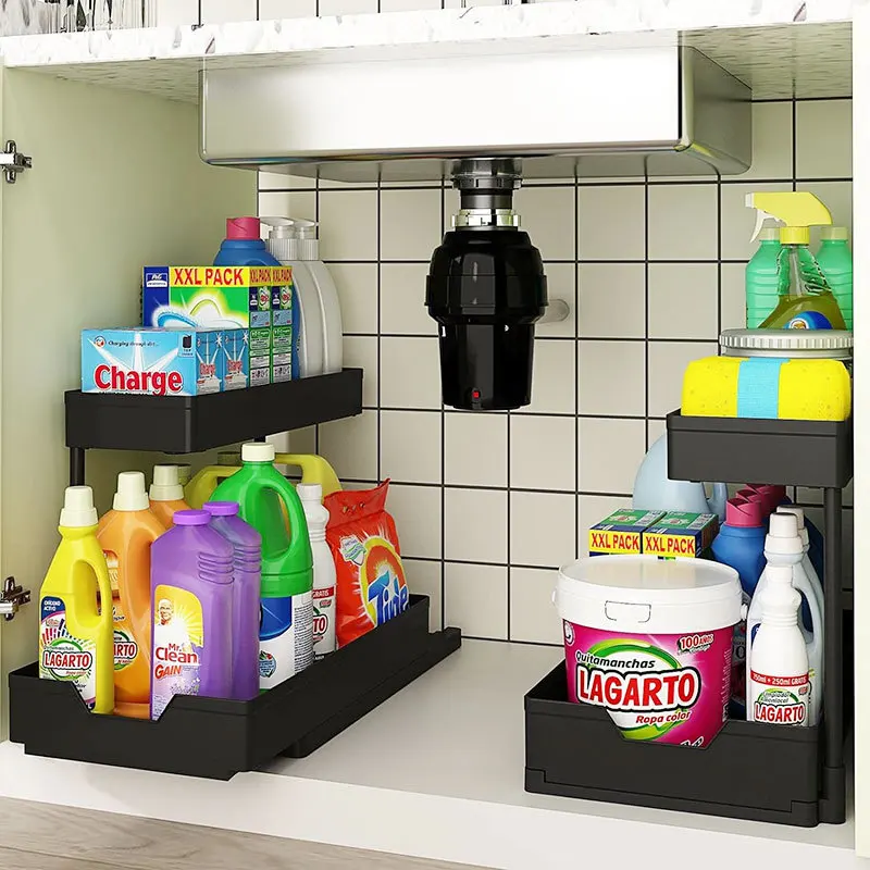 Under Sink Organizers and Storage, Sliding L-shape Under Bathroom Kitchen Cabinet Organizers Narrow Space Sink Organizer