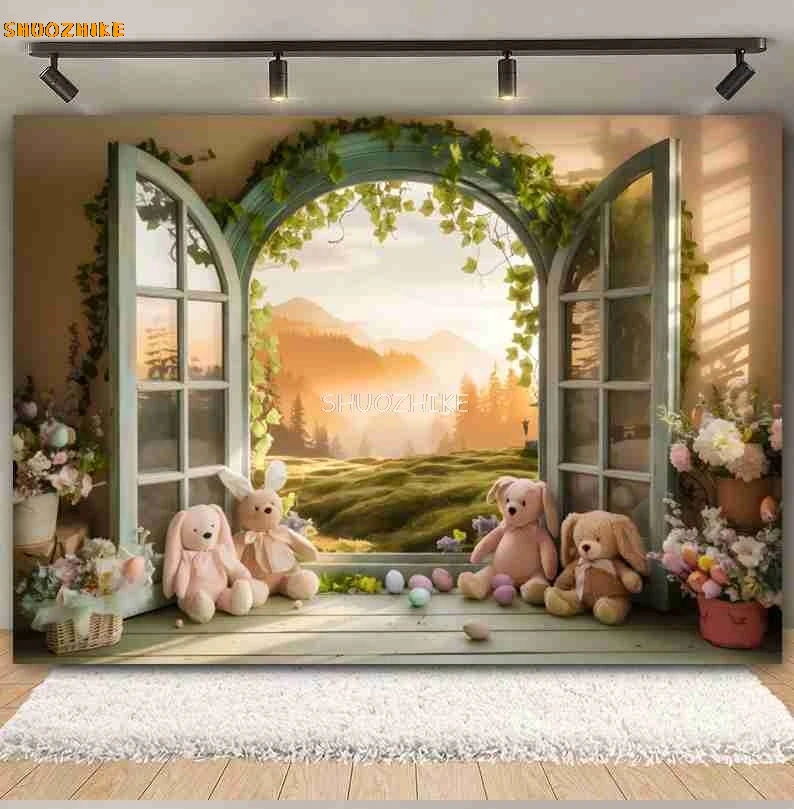 春のイースターの写真の背景,花,植物の弓,つるの壁,緑の草,卵,子供の誕生日,肖像画の装飾,写真の背景