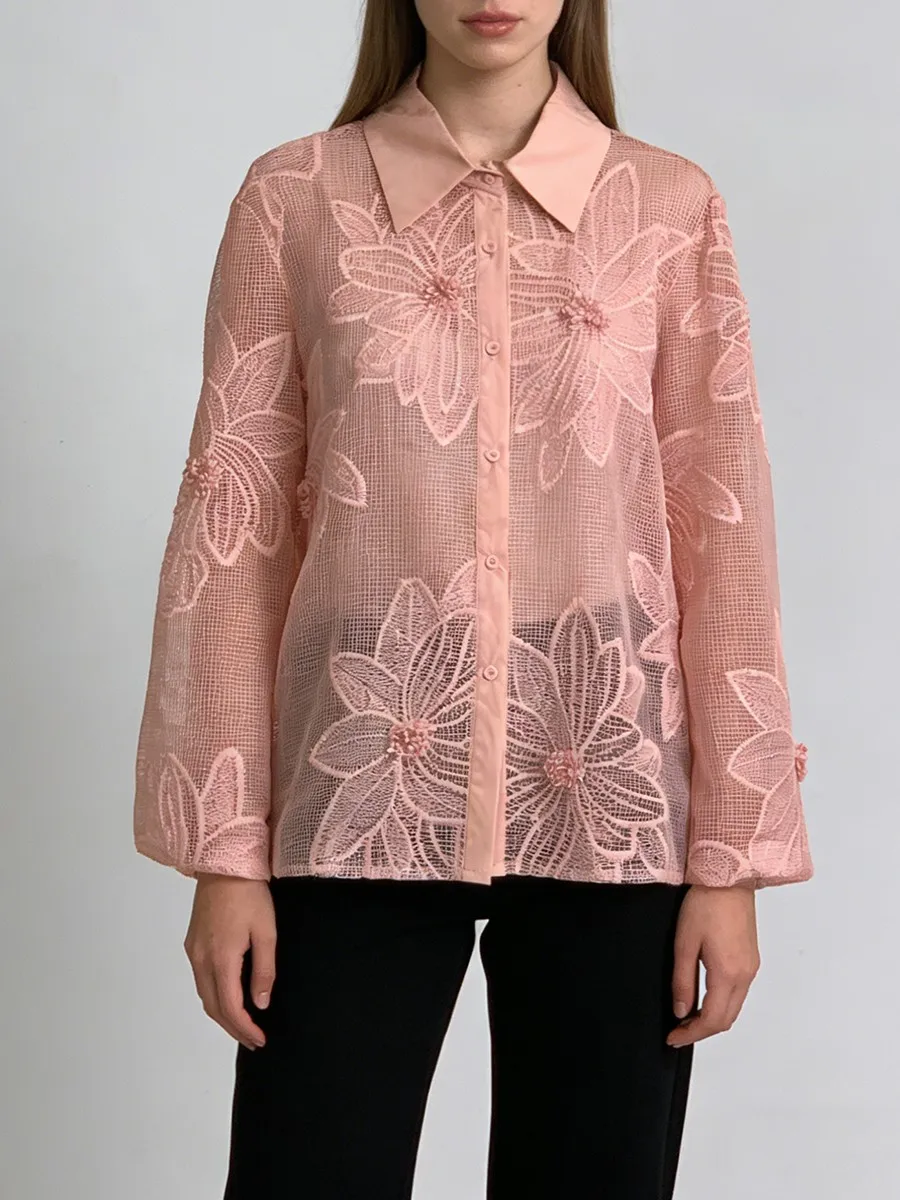 

Floral Sheer Mesh Embroidery Shirt Women Spring Summer Puff Sleeve Luxury Designer Shirts Blouse Lady Elegant Fashion Tops 2026