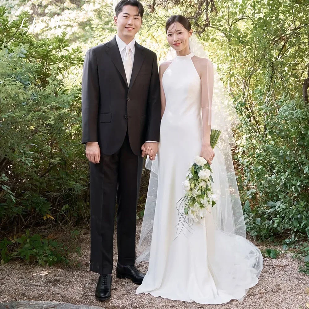 LISM High Neck Korea Mermaid Sleeveless Satin Wedding Dresses 웨딩드레스 Simple Ivory Customized Pretty Bride Gowns Plus Size
