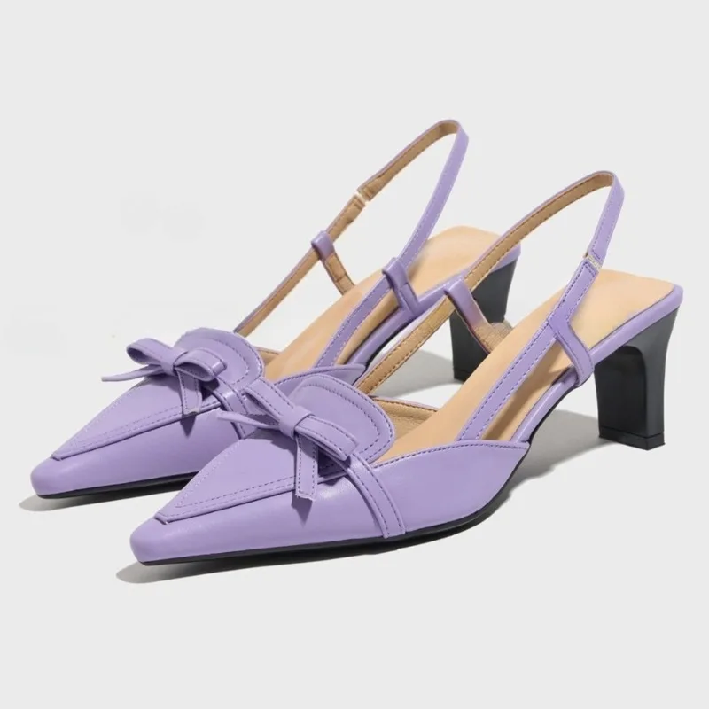 

Purple Bow Elegant Women High Heeled Sandals Pointed Toe Mules Fashion Slingback Shoes Shallow Sexy Pumps Office Heels for Women