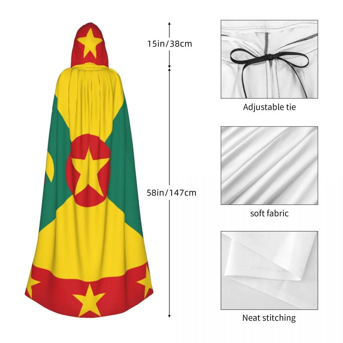 Unisex Adult Flag Of Grenada Cloak with Hood Long Witch Costume Cosplay