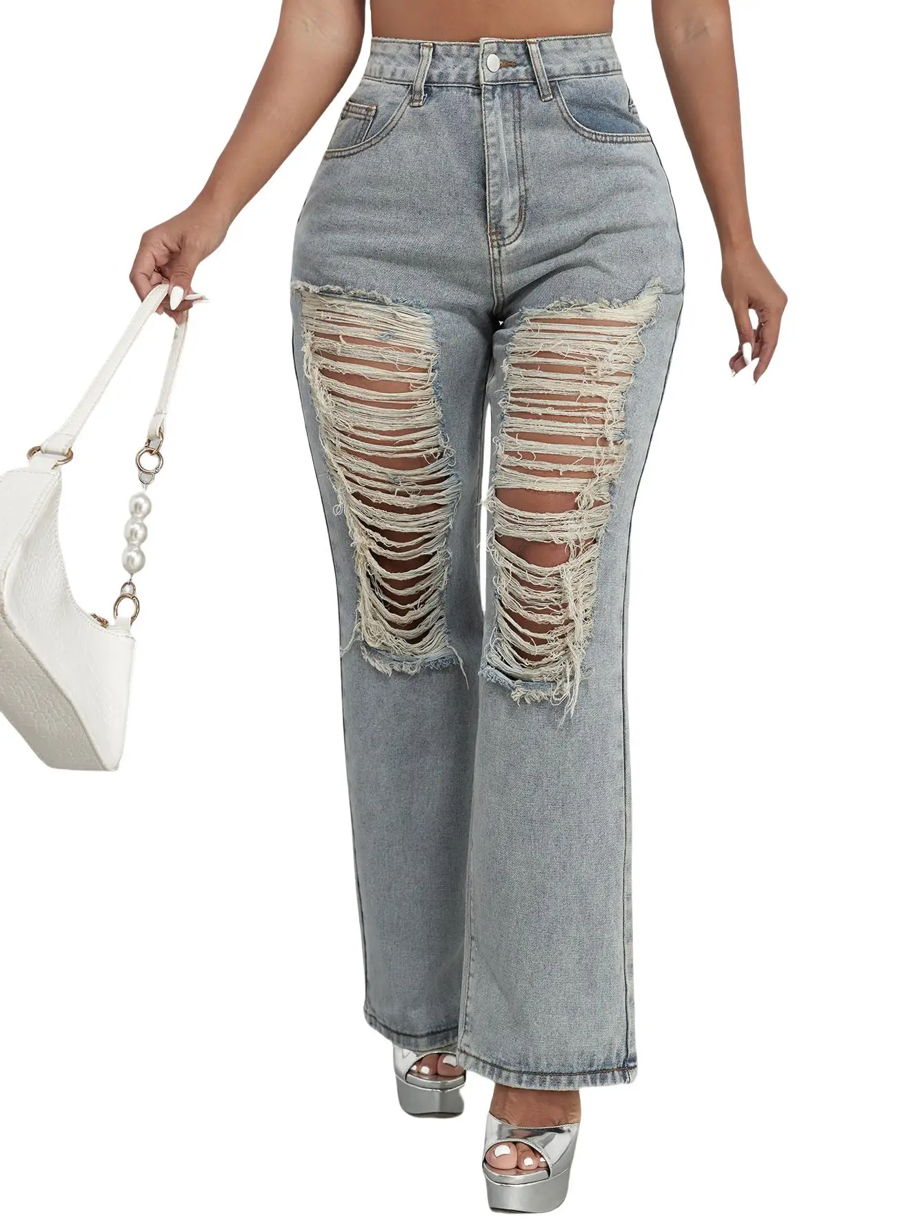 Summer Outfit-Butt Lifting Straight Leg Ripped Hole Denim Pants High Waisted Ripped Jeans Loose-fitting Womenswear Trouser