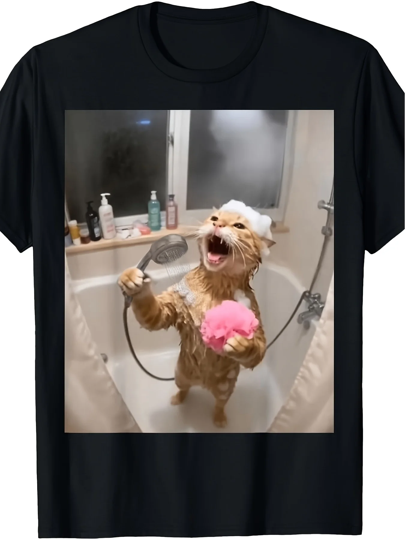 Fun Shower Singing Cat Meme T-shirt - Viral Video Chat Record Pattern Printed T-shirt, Loose Fit Summer Casual Wear