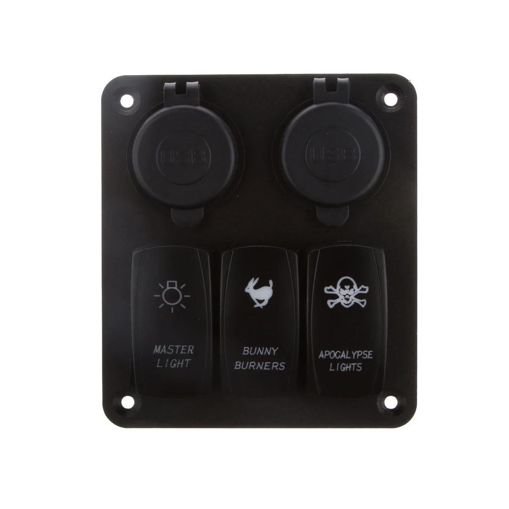 3 Gang Rocker Switch Panel Breaker Blue LED Car Marine Boat Circuit Waterproof 4 USB Charger Port